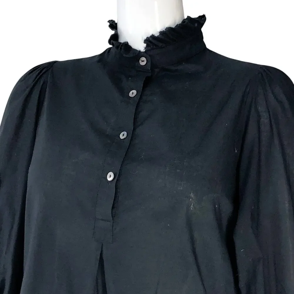 Tuckernuck Blouse Womens L Ruffle High Neck Puff Sleeve Smocked Cuff Black